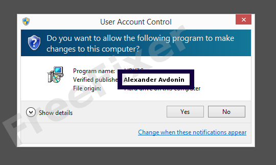 Screenshot where Alexander Avdonin appears as the verified publisher in the UAC dialog